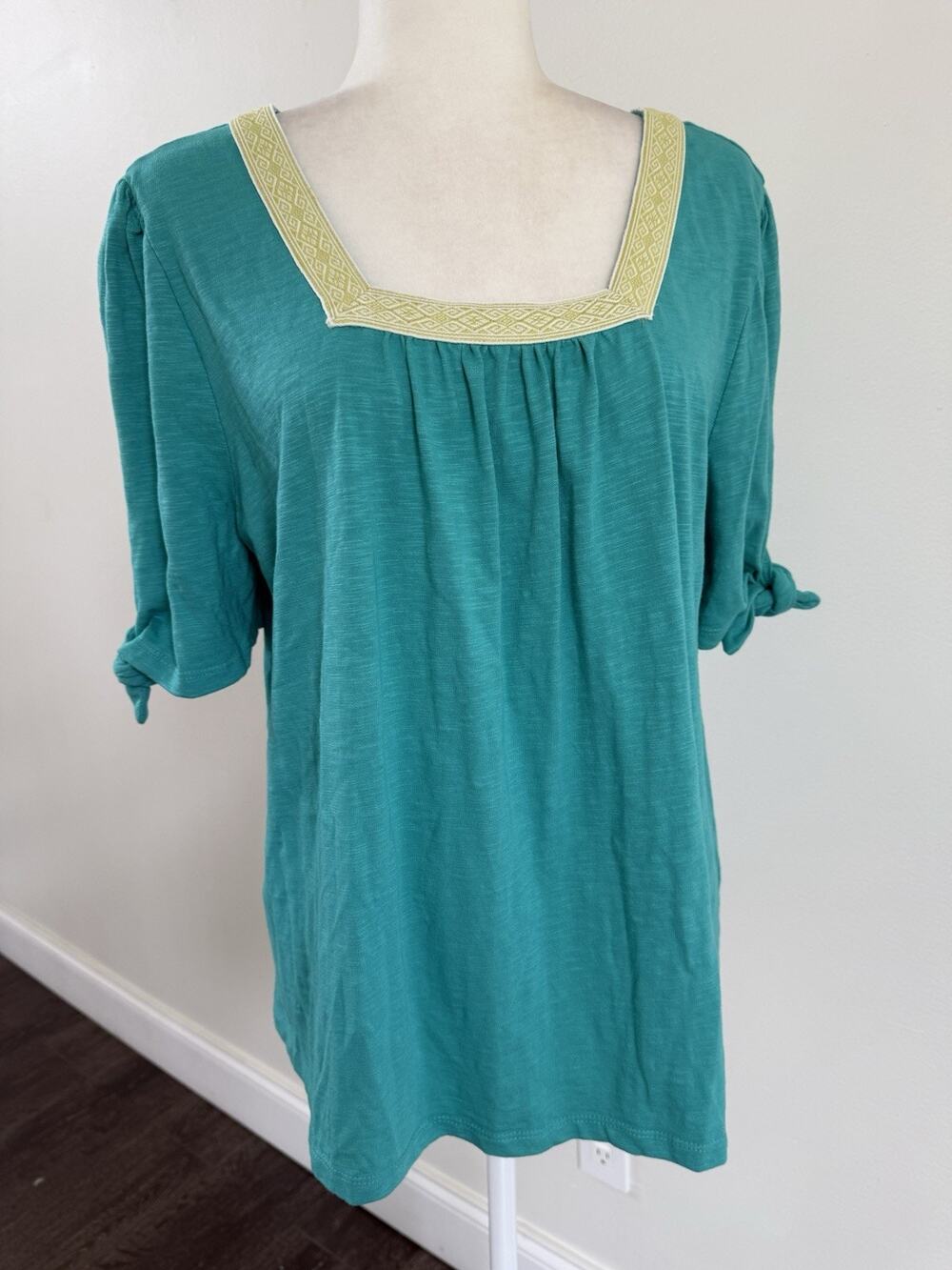 Susan Graver Weekend Women Square Neck Modal Cotton SS Green Tunic Top XL